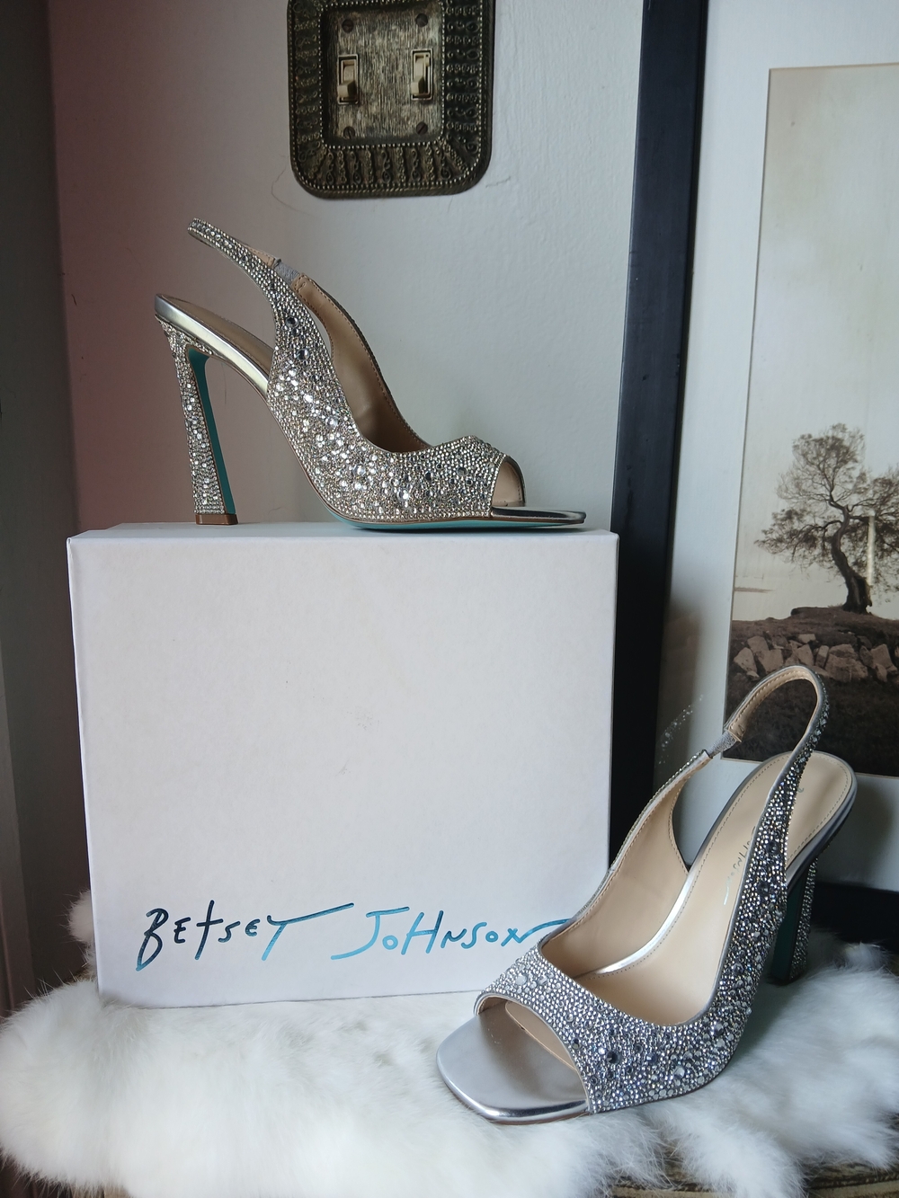 Betsey Johnson Silver Crystal Slingback Peep-Toe Heels Mina 8.5